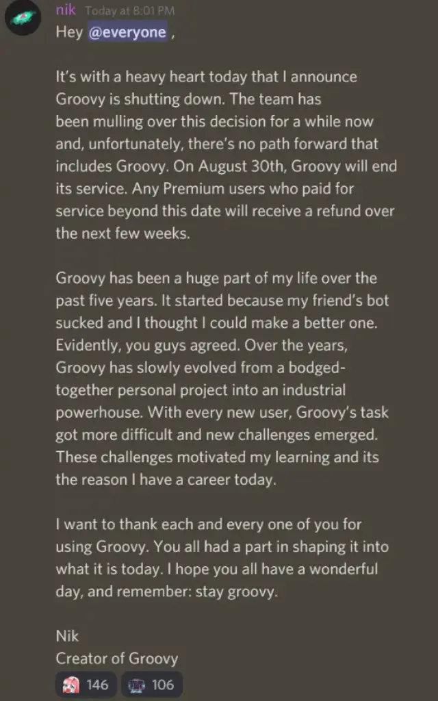 Groovy - Discord Bot ShutDown Notice