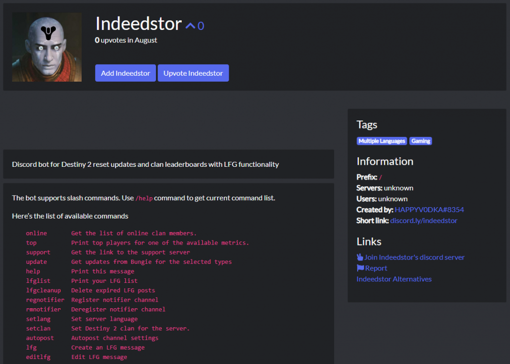 Indeedstor - Discord Bot Destiny 2 Overview - HubPrix.com