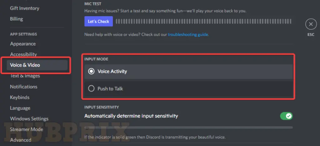 Choosing the push to talk option Discord Setting