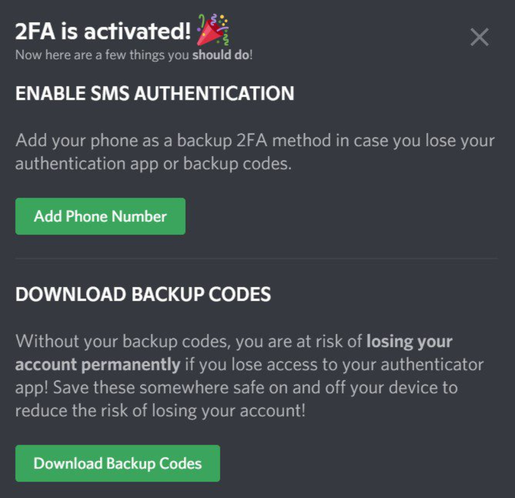 Discord 2FA Activated Succesfully On Account