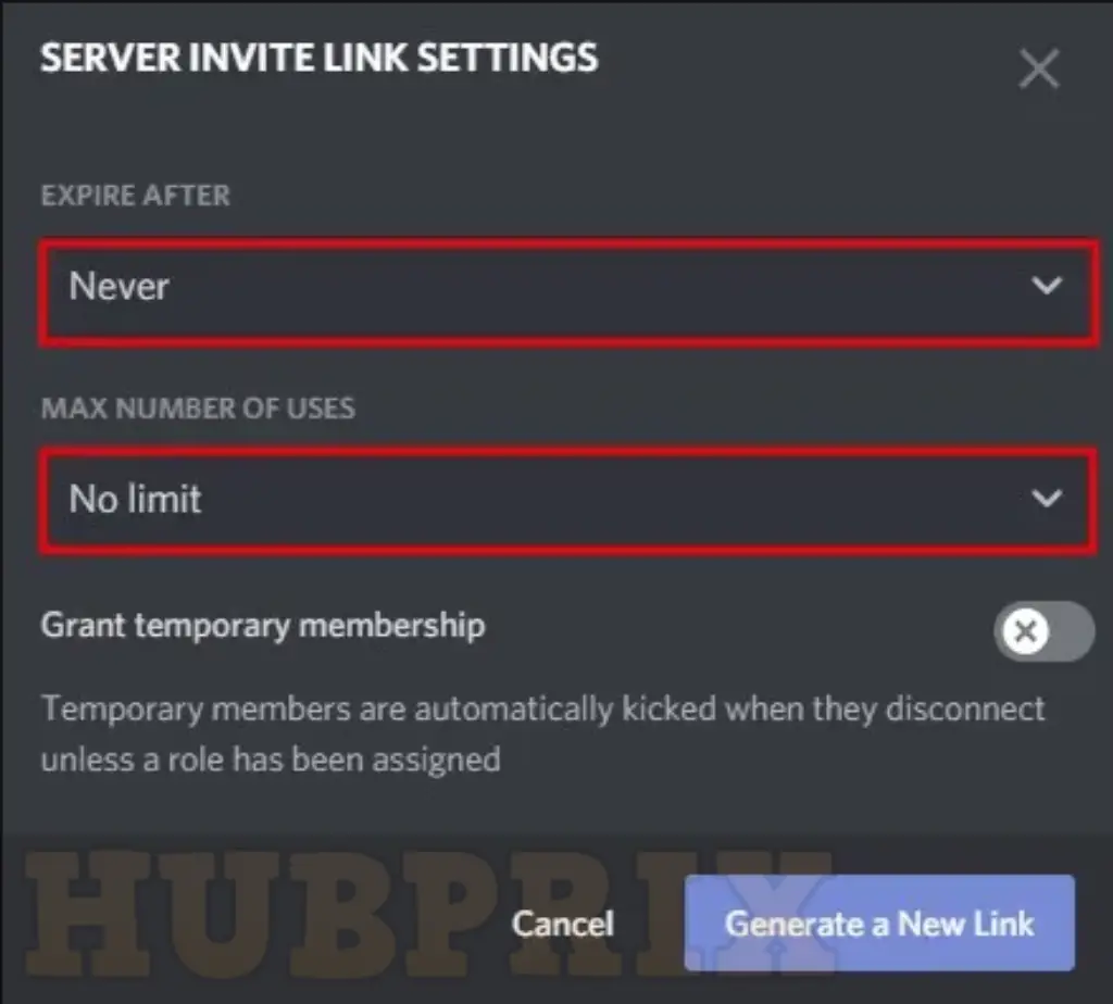 Discord Server invite Link Setting Expire After HubPrix