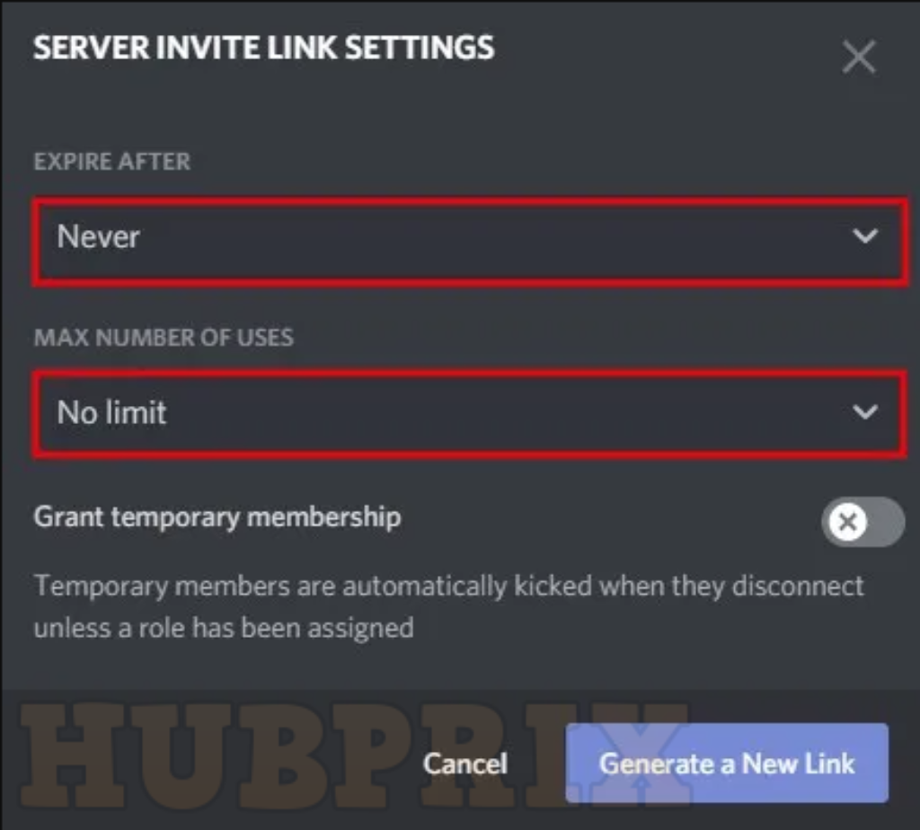 Discord Server invite Link Setting Expire After HubPrix