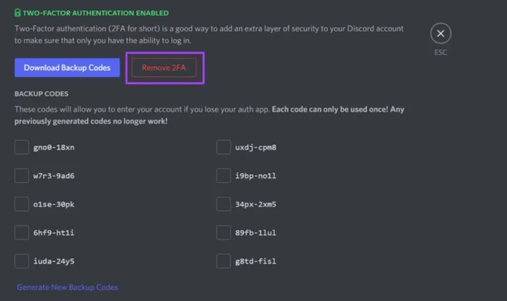 Remove 2FA Discod Back Up Codes Overview