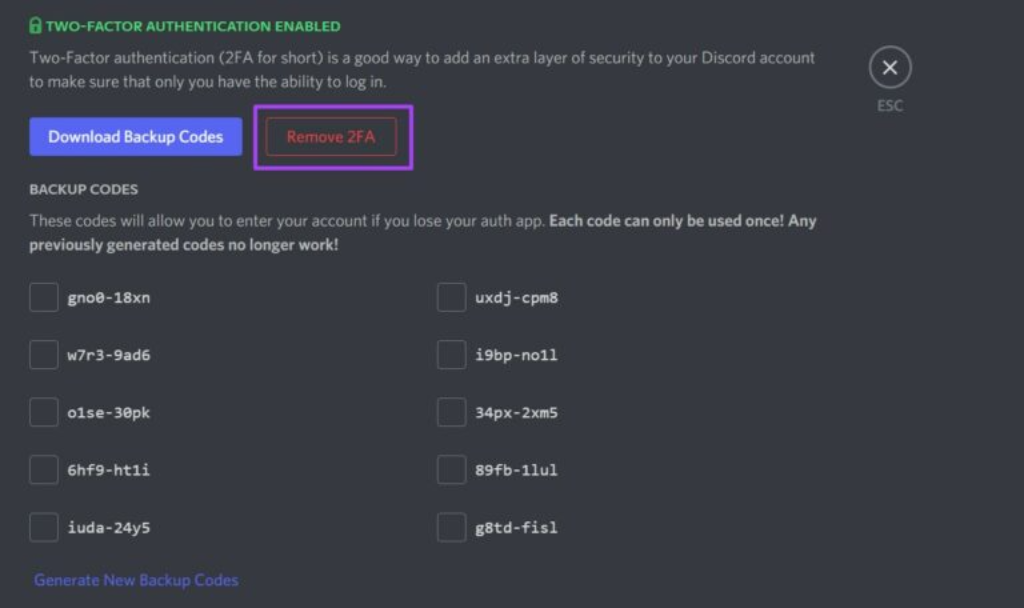Remove 2FA Discod Back Up Codes Overview