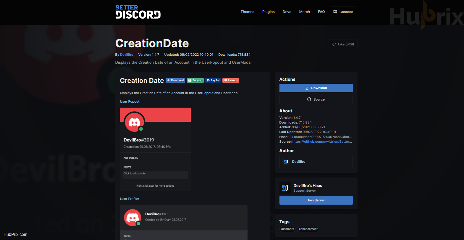 BetterDiscord Creation Date Plugin Page Overview