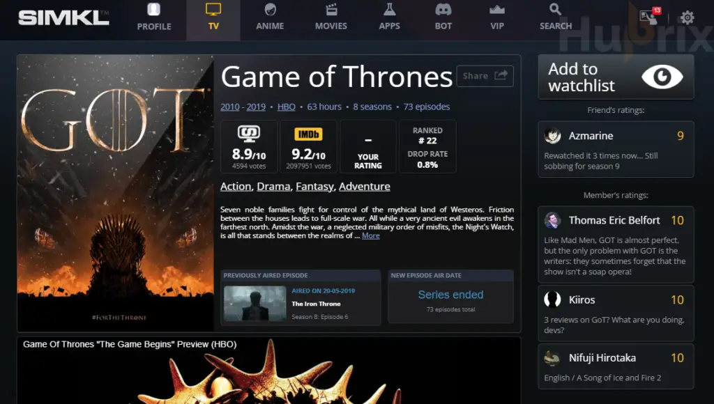 GAME OF THRONE SIMKL Visit Page